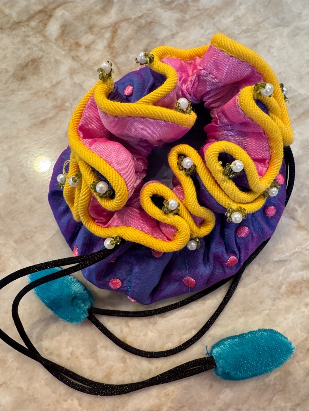 Purple, Pink , Yellow Drawstring Jewelry Pouch with Pink Dot Accents